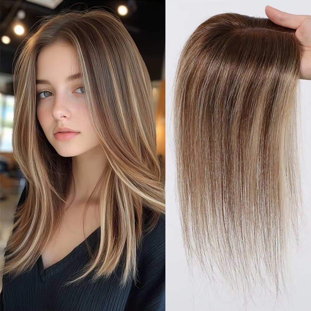 Seamless Clip In Hair Extensions Human Hair - 100 % Echthaar-Topper, braune Highlight-Haarteile, Mittelteil,