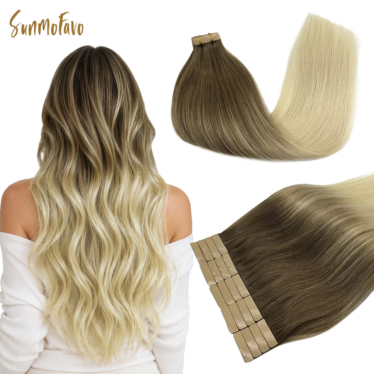 Invisible Tape In Extensions Real Hair - Sunmofavo Unsichtbare Tape-In-Haarverlängerungen, Aschbraun bis Platinblond,