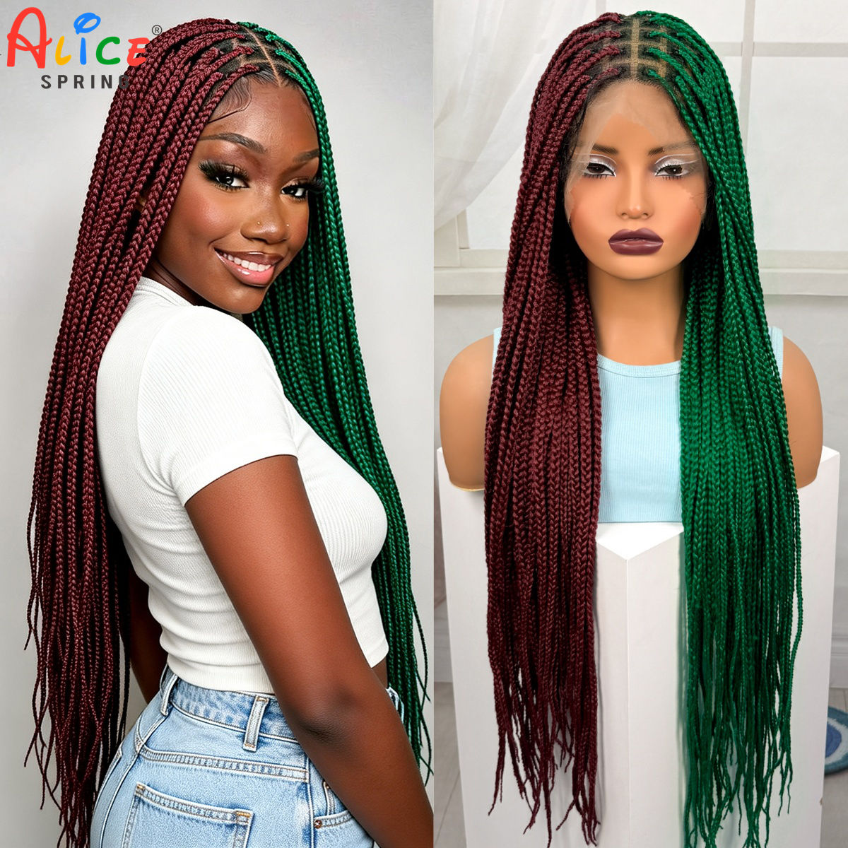 36 Zoll rot-grüne Box-Braids-P – Synthetic Braided Wigs For Black Women Bewertung und Preis
